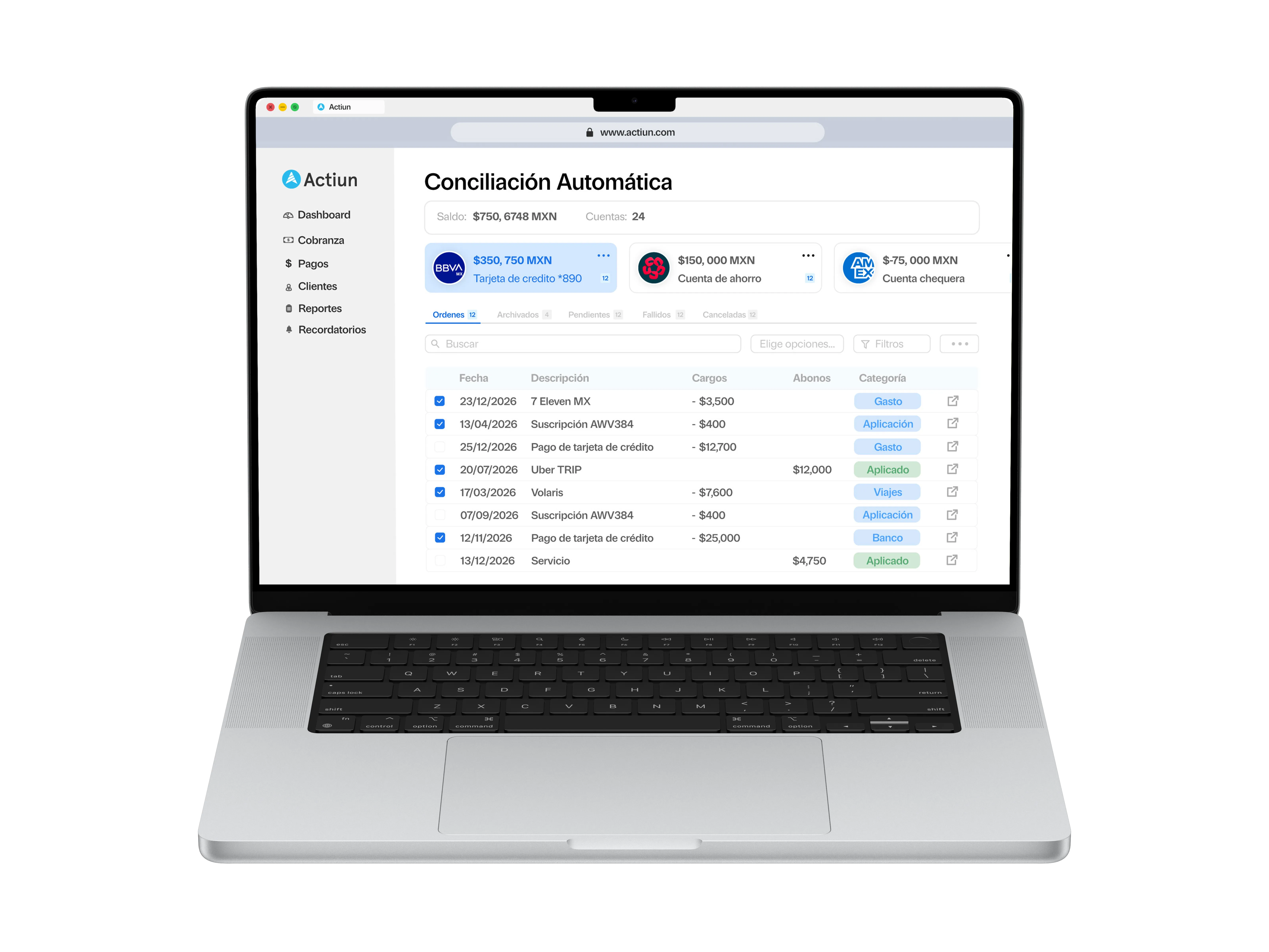 Vista de control financiero Actiun en MacBook Pro