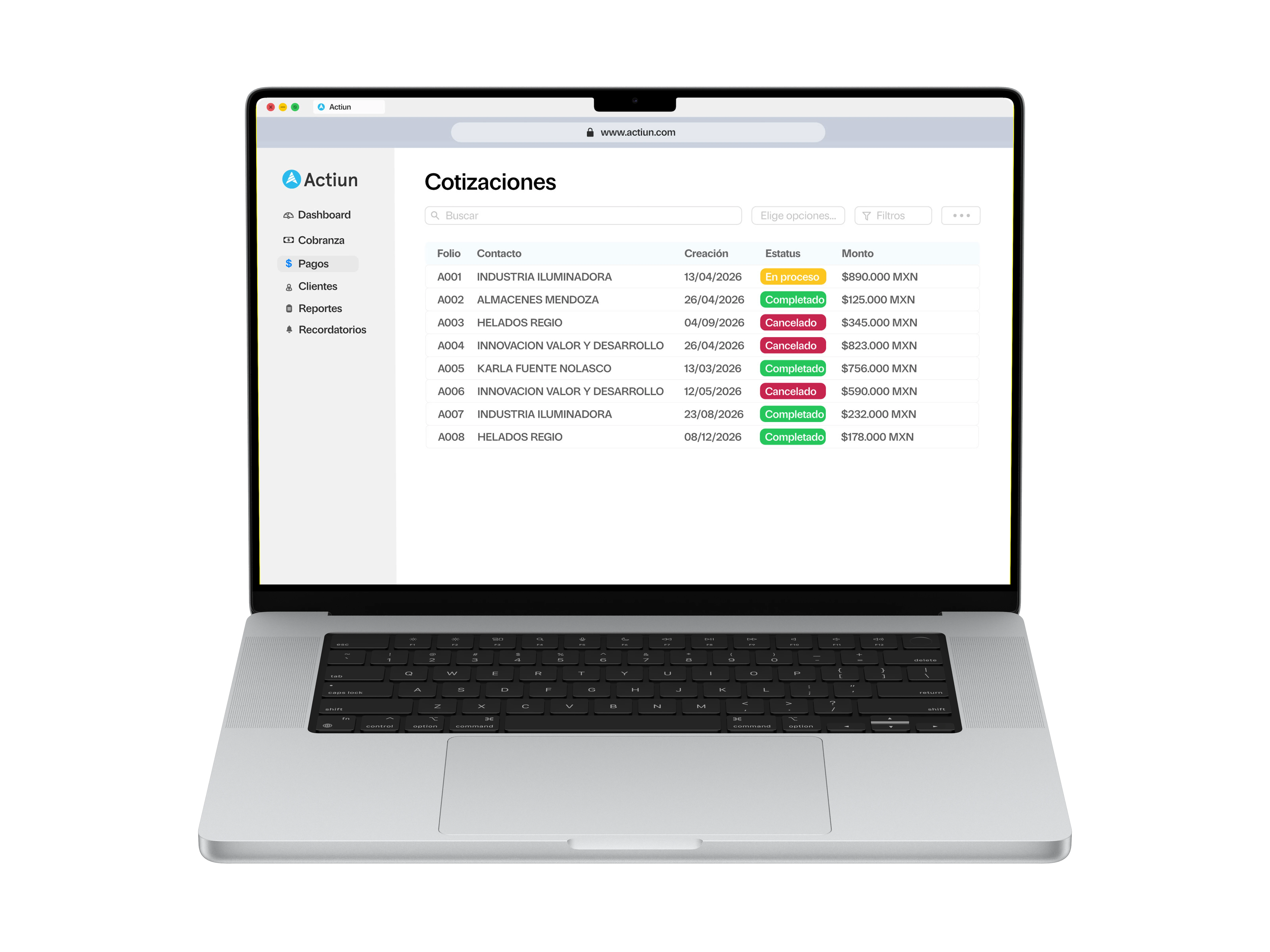 Vista de cotizaciones Actiun en MacBook Pro