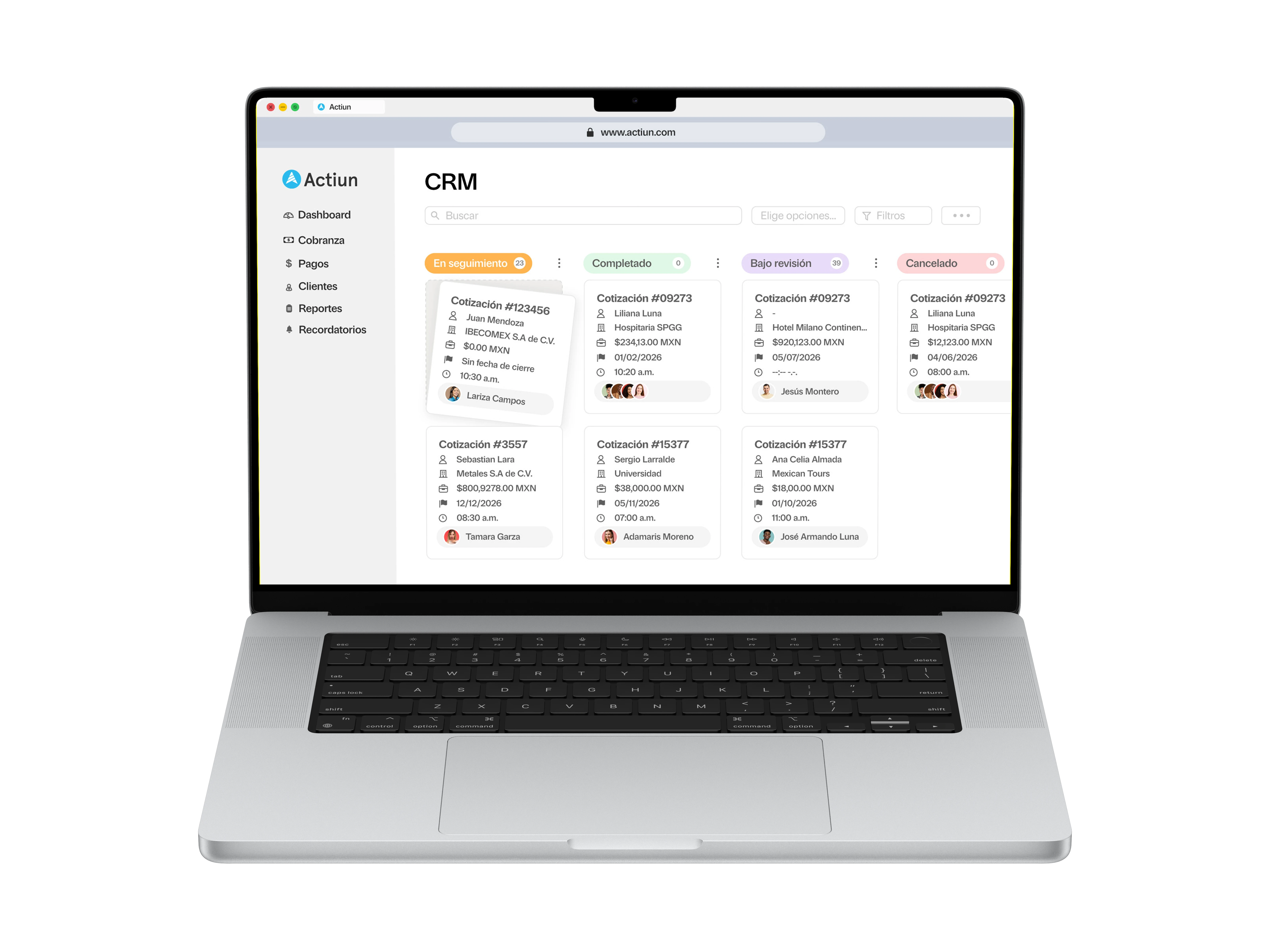 Vista de gestión de contactos Actiun en MacBook Pro