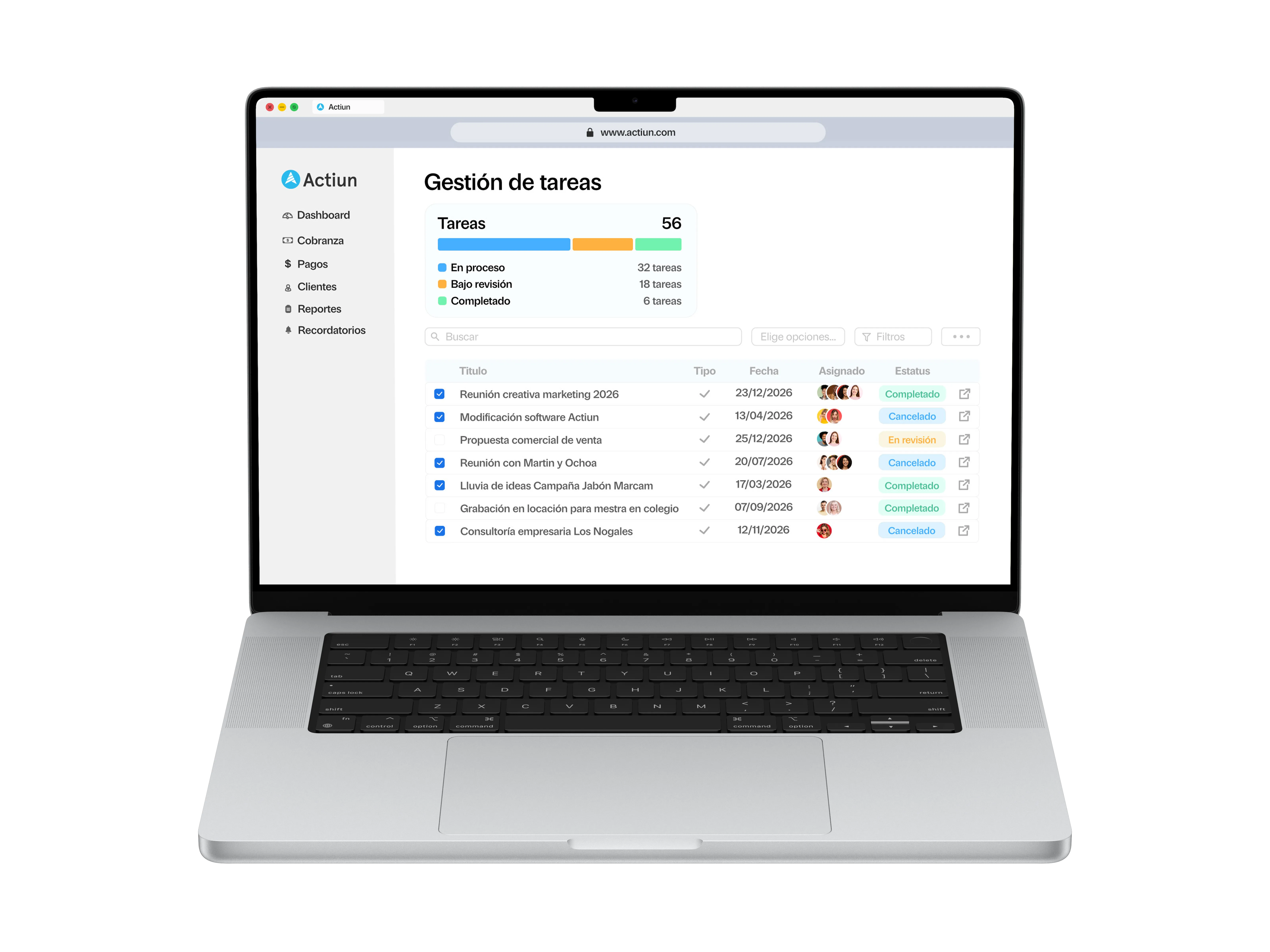 Vista de gestión de tareas Actiun en MacBook Pro
