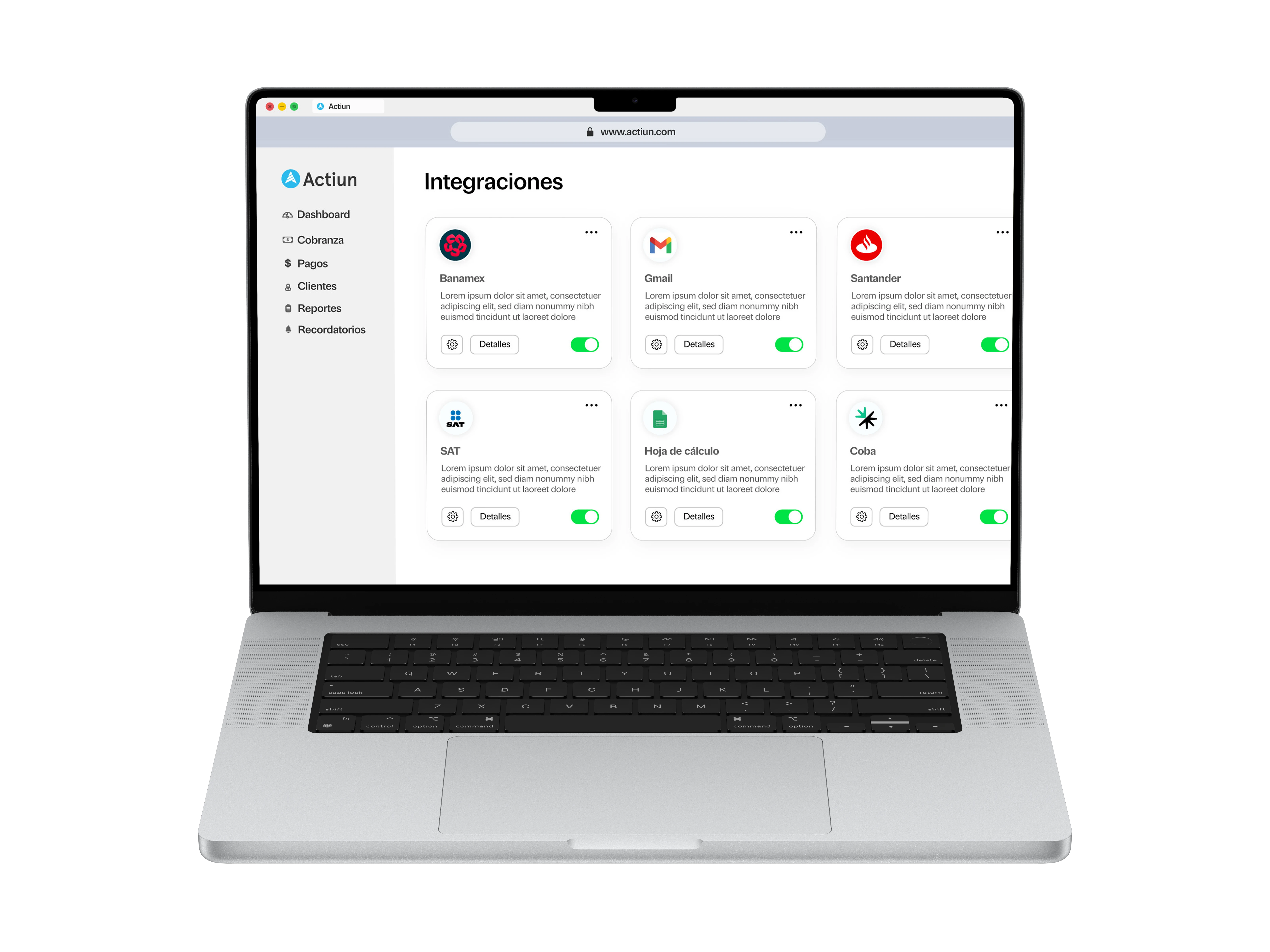 Vista de integraciones Actiun en MacBook Pro