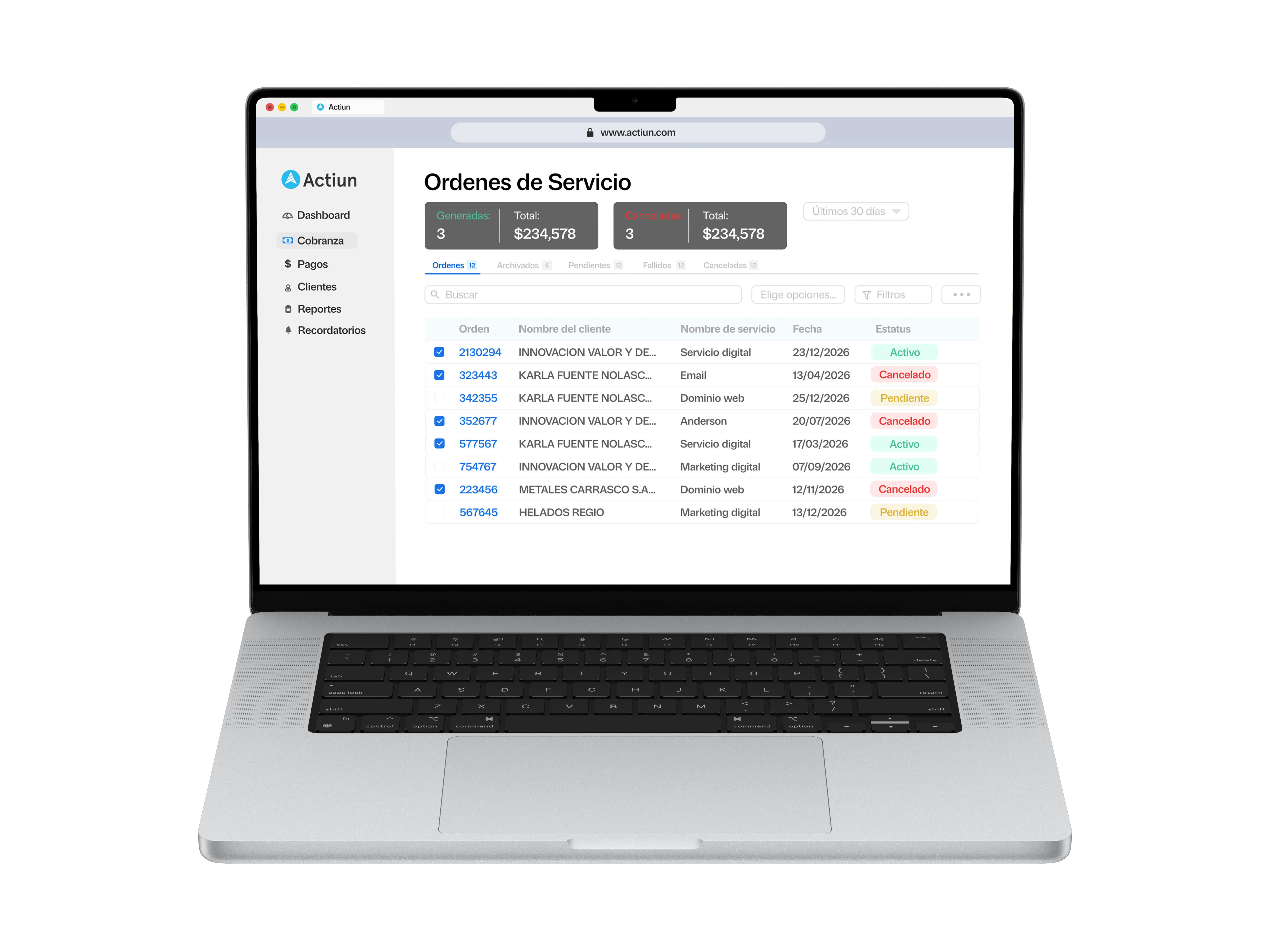 Vista de órdenes de servicio Actiun en MacBook Pro